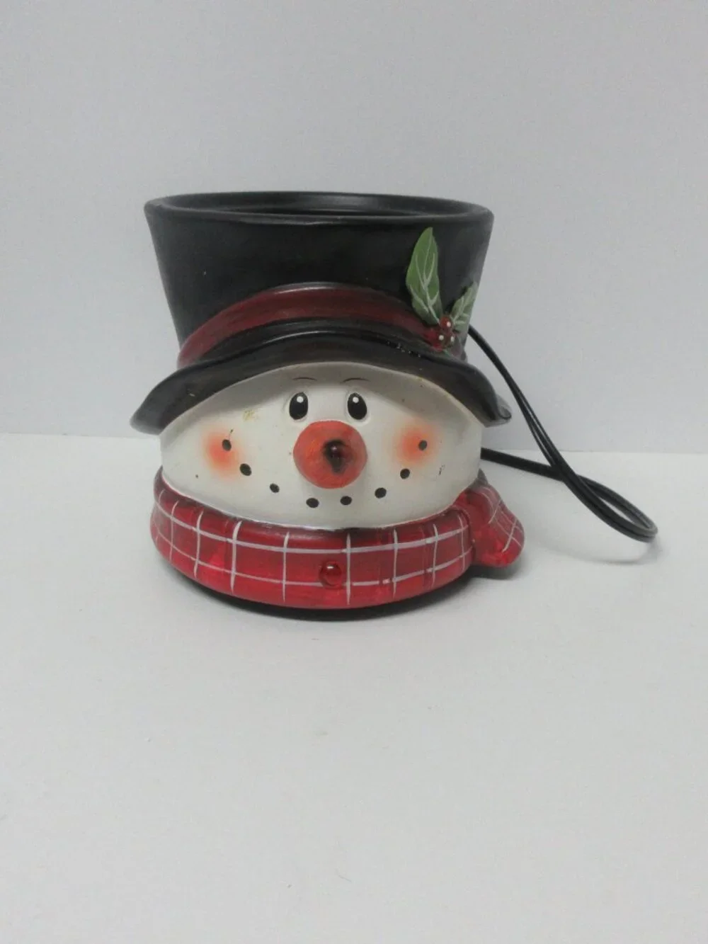 Snowman Electric Jar Candle Warmer Ceramic Christmas Top Hat Holly 4” Opening
